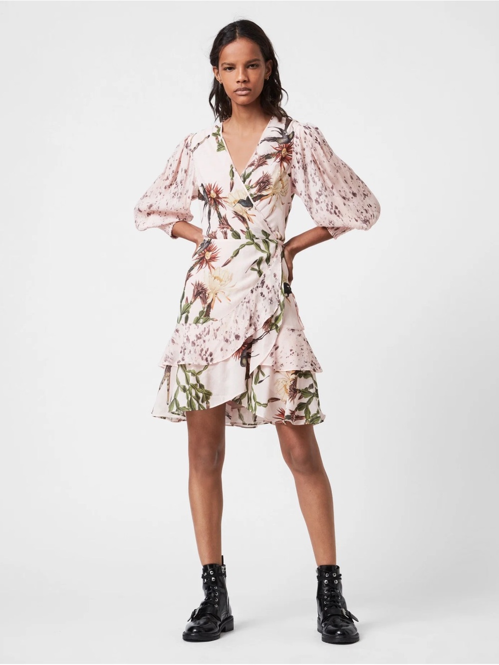 All Saints Ari Nolina Floral Wrap Mini Dress Clay Pink Size 6